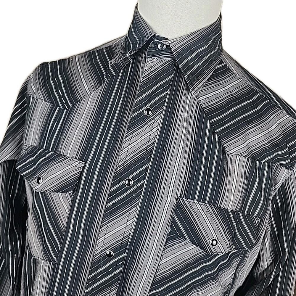 Wrangler Shirt Mens L Western Fashion Snap Black Silver Striped Long Sleeve - Picture 3 of 8